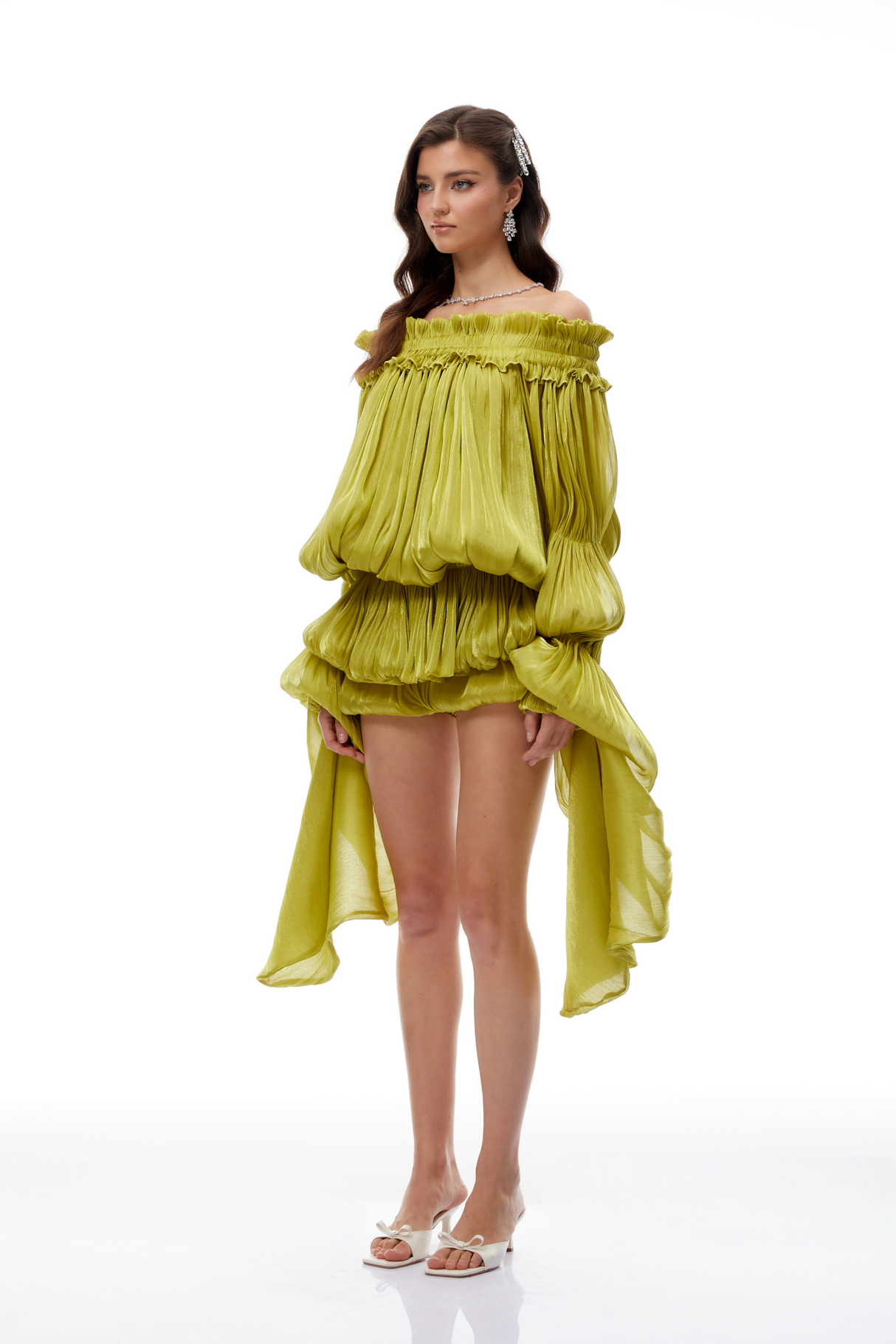 Aurohaya Marcia Green Off Shoulder Shirred Glossy Mini Dress