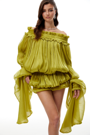 Aurohaya Marcia Green Off Shoulder Shirred Glossy Mini Dress