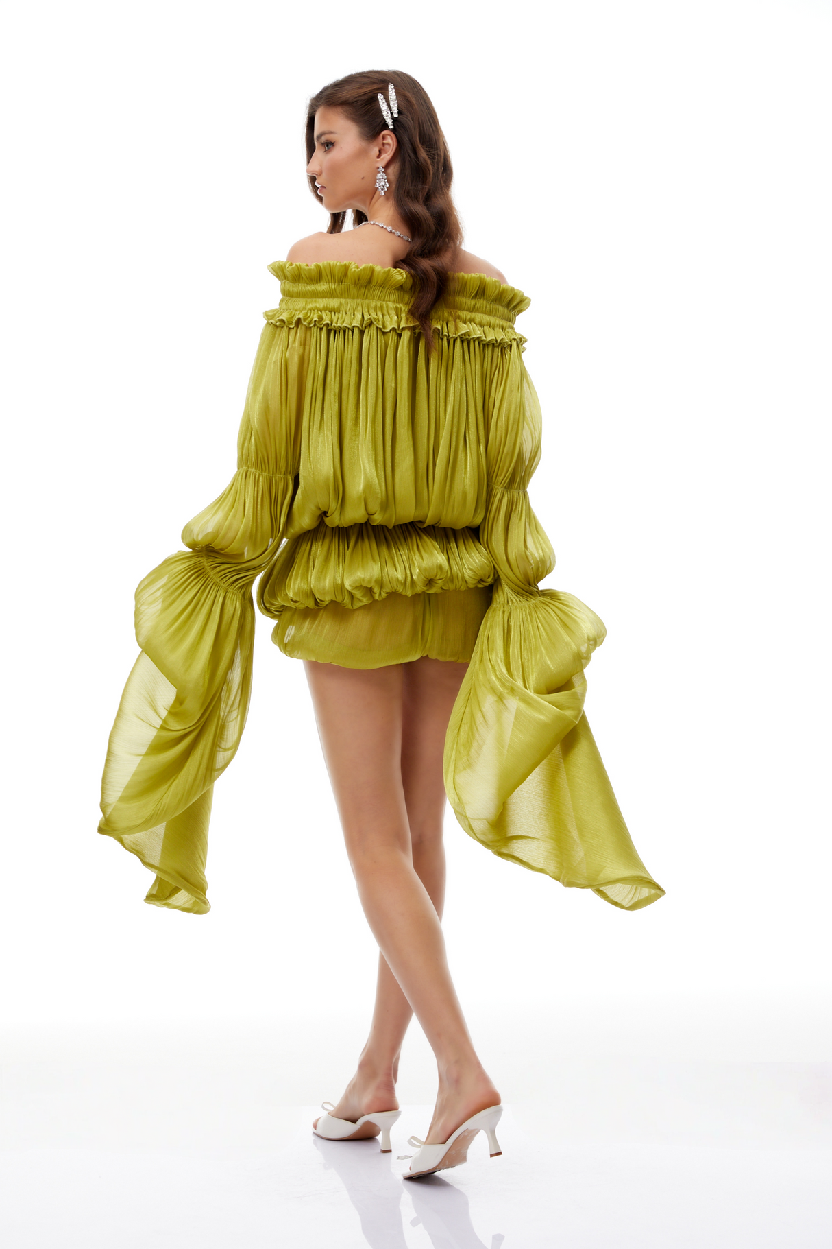 Aurohaya Marcia Green Off Shoulder Shirred Glossy Mini Dress