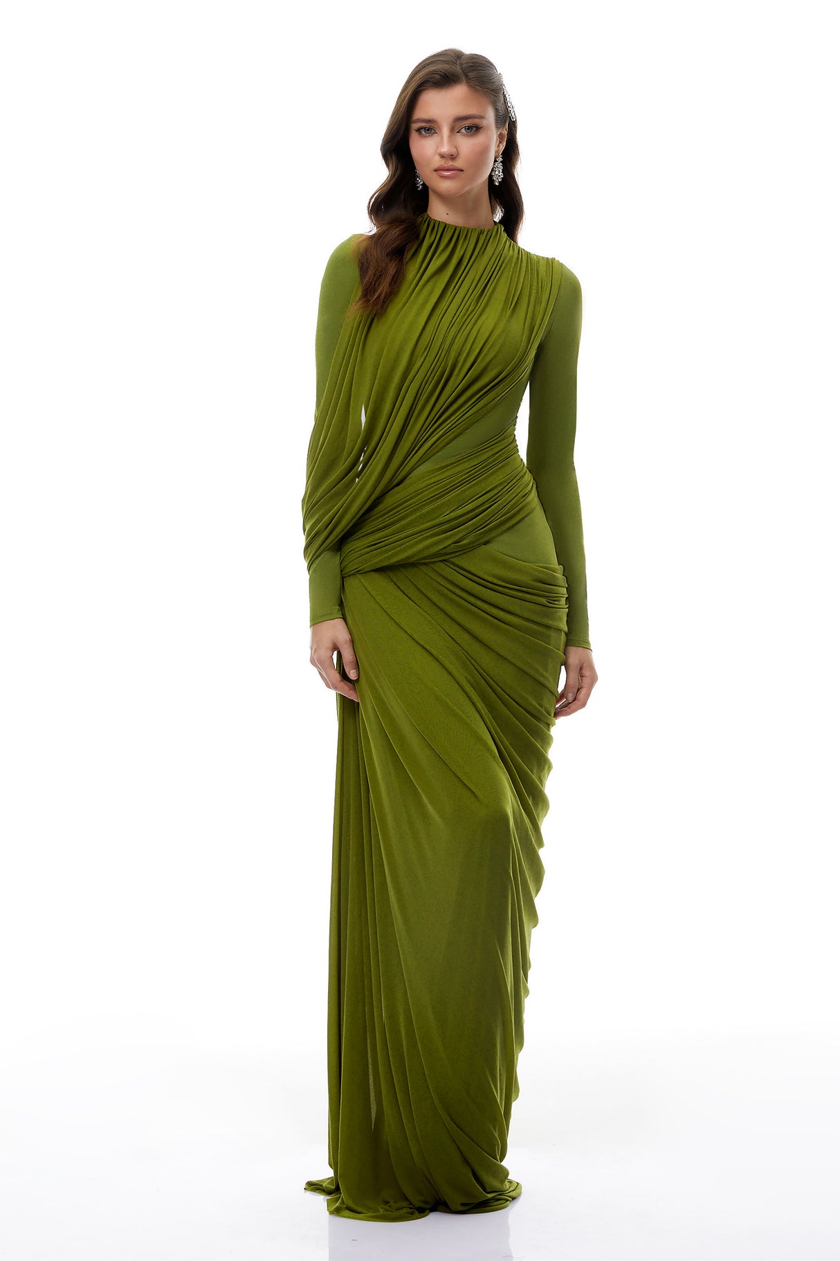 Aurohaya Arlette Green Asymmetrical Ruched Maxi Dress