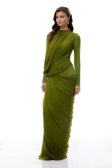 Aurohaya Arlette Green Asymmetrical Ruched Maxi Dress
