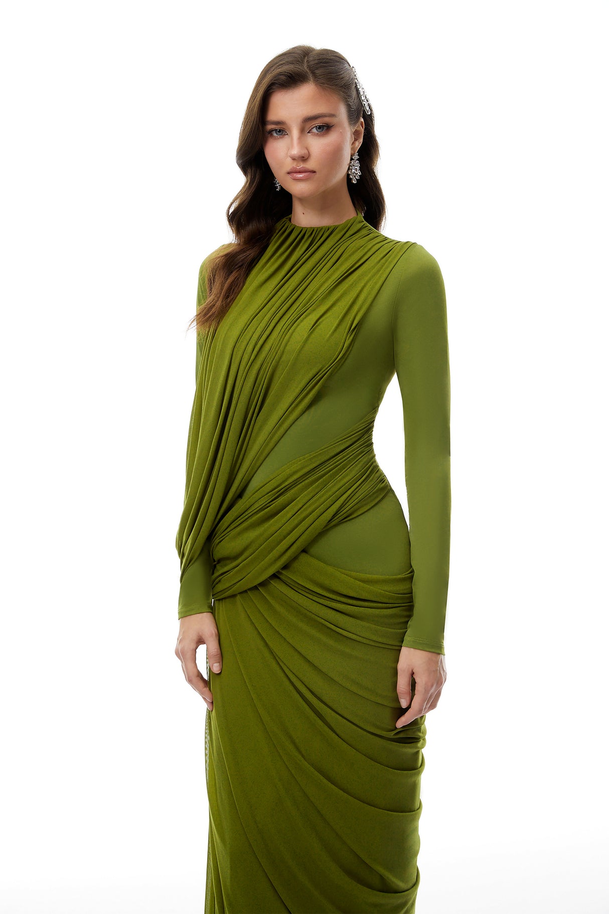 Aurohaya Arlette Green Asymmetrical Ruched Maxi Dress