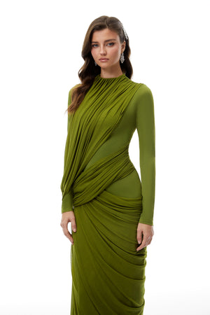 Aurohaya Arlette Green Asymmetrical Ruched Maxi Dress
