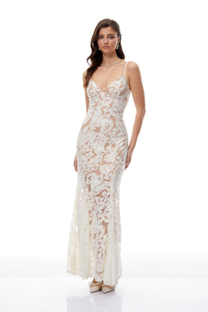 Aurohaya Paloma White Floral Lace Tulle Maxi Dress