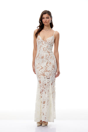 Aurohaya Paloma White Floral Lace Tulle Maxi Dress