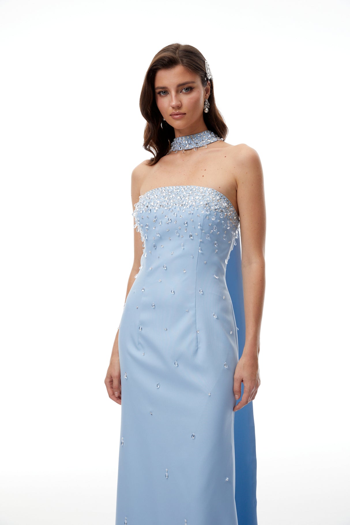 Aurohaya Arianna Blue Scarf Detail Embellished Maxi Gown