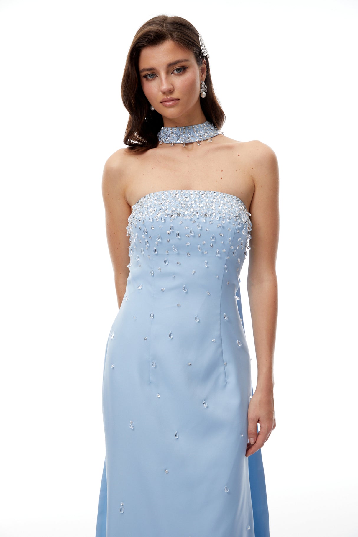 Aurohaya Arianna Blue Scarf Detail Embellished Maxi Gown