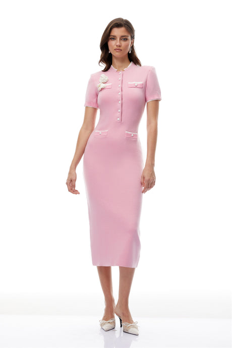 Aurohaya Lisette Pink 3D Petal Knit Midi Dress