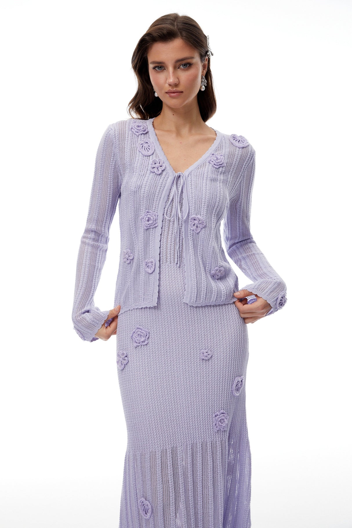 Aurohaya Graca Lavender Floral Ribbed Knit Cardigan & Dress Set