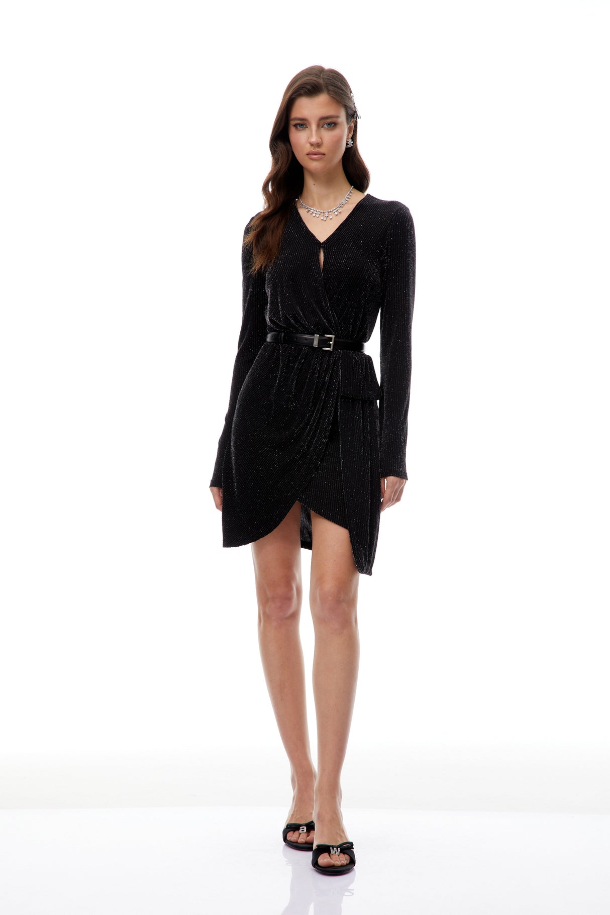 Aurohaya Betsy Black Asymmetrical Gathered Wrap Mini Dress