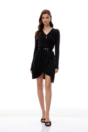 Aurohaya Betsy Black Asymmetrical Gathered Wrap Mini Dress
