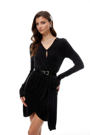 Aurohaya Betsy Black Asymmetrical Gathered Wrap Mini Dress