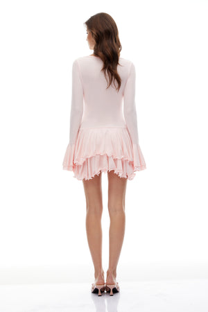 Aurohaya Roseline Pink Asymmetrical Ruffled Tiered Mini Dress