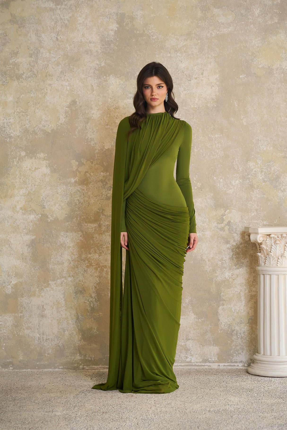 Aurohaya Emilia Green Asymmetrical Ribbon Draped Maxi Dress
