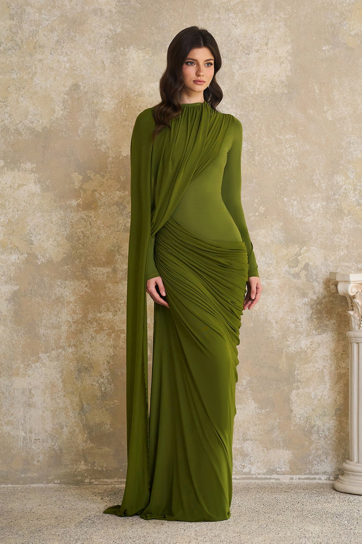Aurohaya Emilia Green Asymmetrical Ribbon Draped Maxi Dress