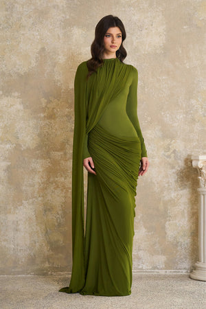 Aurohaya Emilia Green Asymmetrical Ribbon Draped Maxi Dress