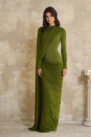Aurohaya Emilia Green Asymmetrical Ribbon Draped Maxi Dress