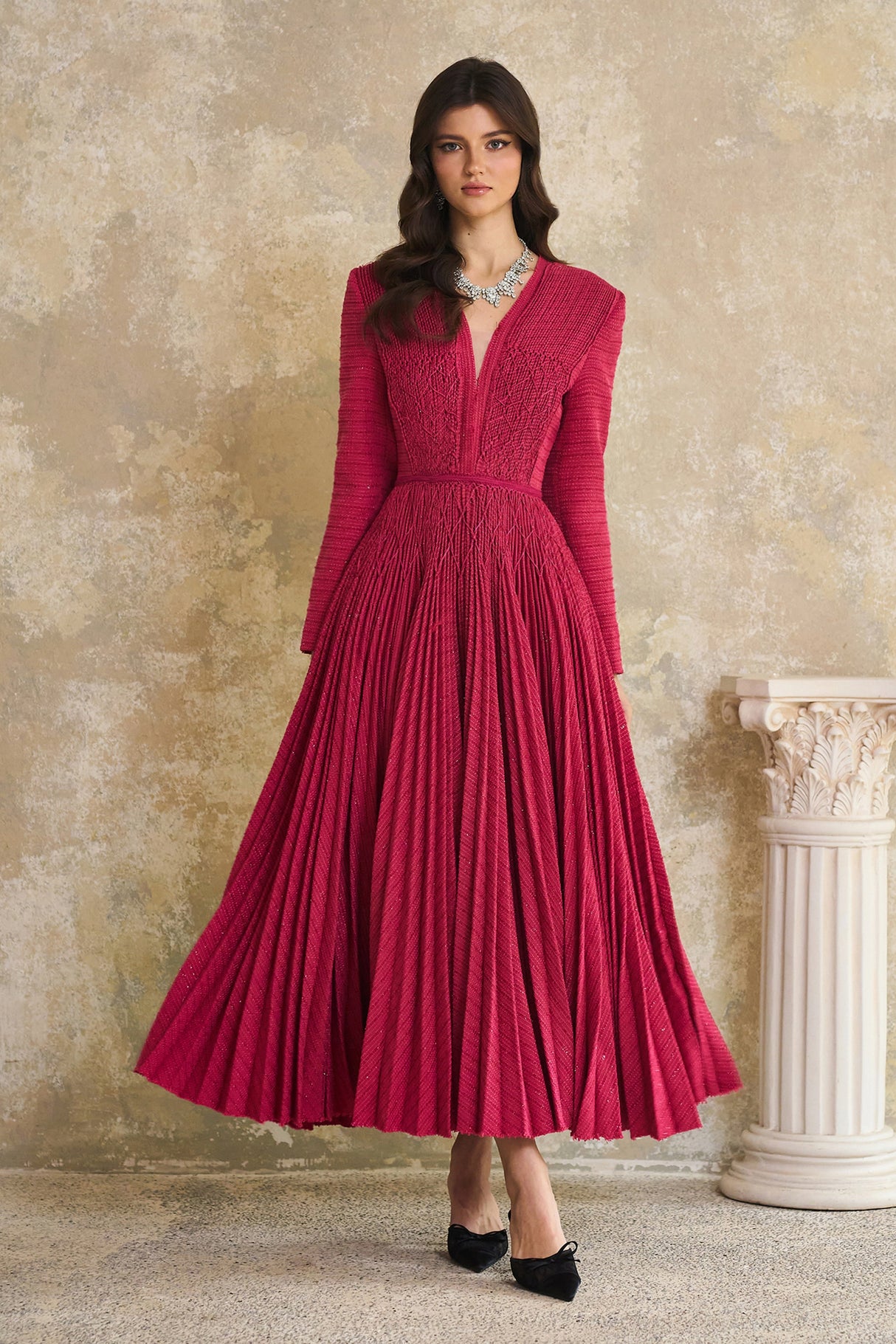 Aurohaya Ortensia Red Braided Pleated Tweed Midi Dress