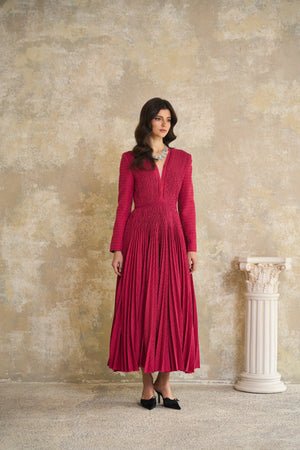 Aurohaya Ortensia Red Braided Pleated Tweed Midi Dress