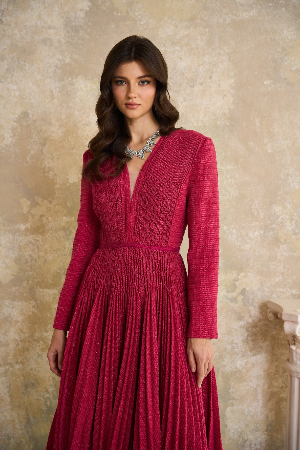 Aurohaya Ortensia Red Braided Pleated Tweed Midi Dress