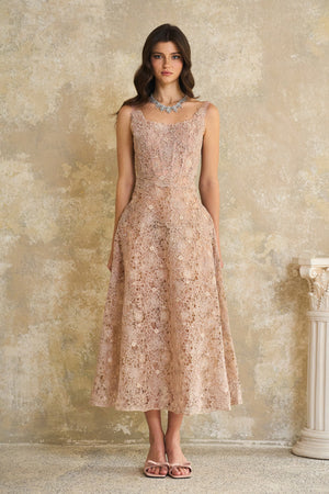 Aurohaya Kristoffer Pink Floral Lace Midi Dress