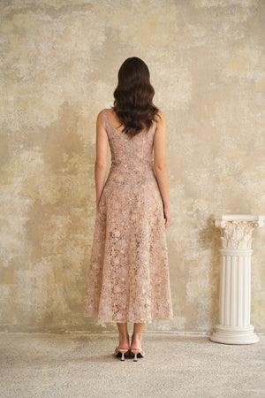 Aurohaya Kristoffer Pink Floral Lace Midi Dress