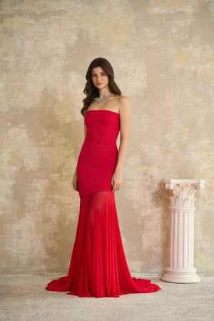Aurohaya Josiane Red Off-shoulder Sheer Tulle Maxi Dress