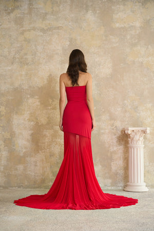Aurohaya Josiane Red Off-shoulder Sheer Tulle Maxi Dress