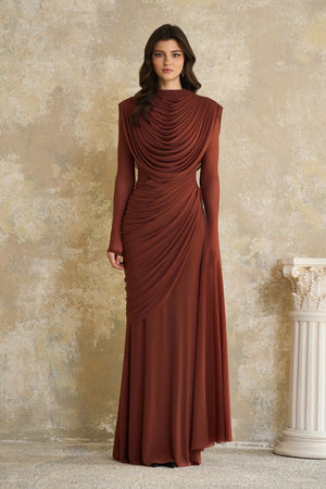 Aurohaya Danaé Brown Shirred-effect Draped Maxi Dress