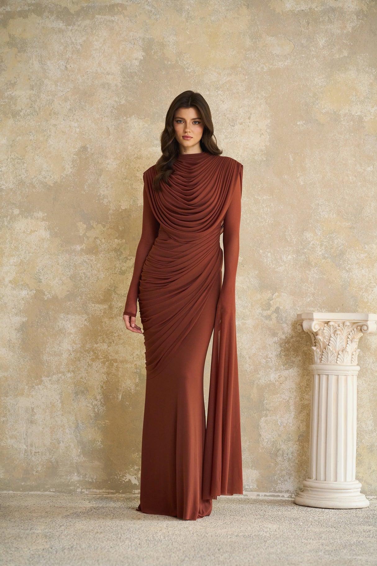 Aurohaya Danaé Brown Shirred-effect Draped Maxi Dress