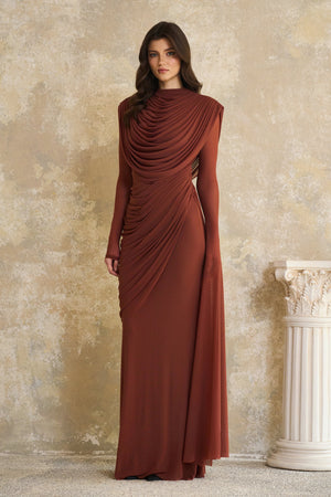 Aurohaya Danaé Brown Shirred-effect Draped Maxi Dress