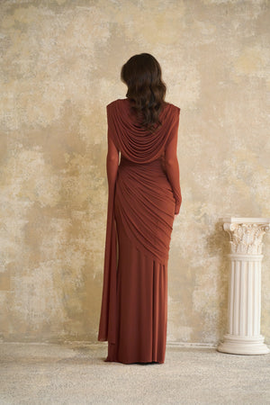 Aurohaya Danaé Brown Shirred-effect Draped Maxi Dress