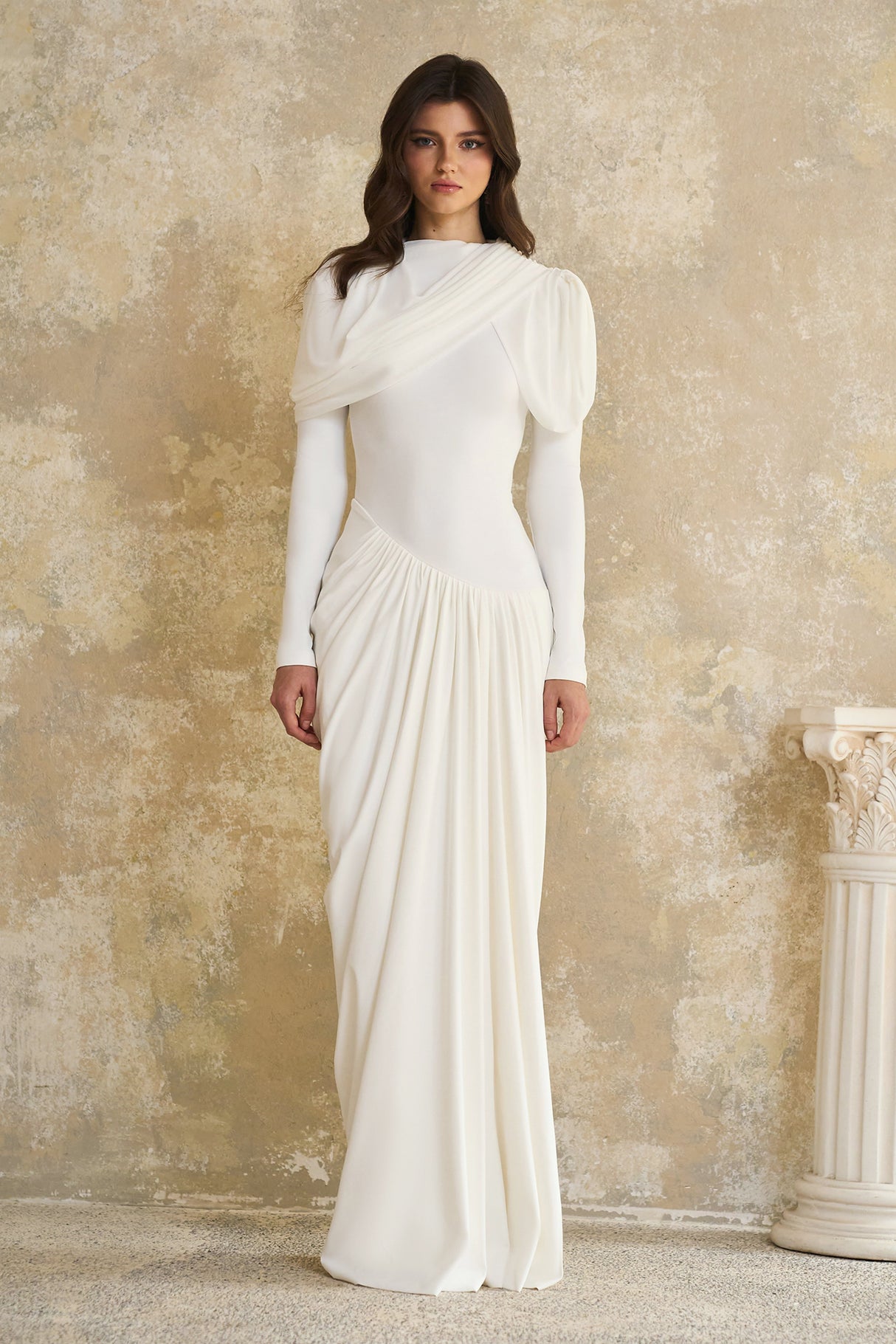 Aurohaya Bronwyn White Draped Pleated Asymmetrical Maxi Dress