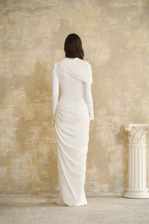 Aurohaya Bronwyn White Draped Pleated Asymmetrical Maxi Dress