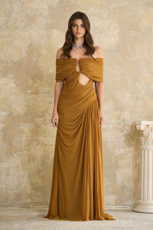 Aurohaya Ludivine Ocher Off-shoulder Cut-out Ruched Maxi Dress