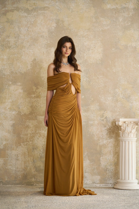 Aurohaya Ludivine Ocher Off-shoulder Cut-out Ruched Maxi Dress