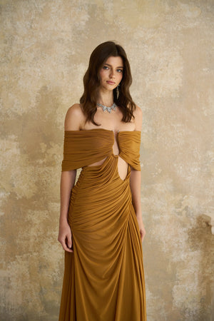 Aurohaya Ludivine Ocher Off-shoulder Cut-out Ruched Maxi Dress