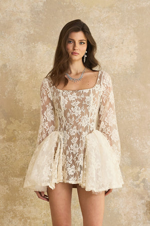 Aurohaya Alva Neutral Floral Lace Mini Dress