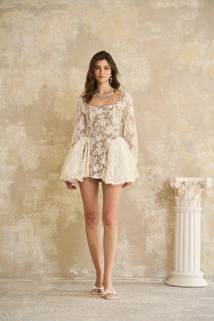 Aurohaya Alva Neutral Floral Lace Mini Dress