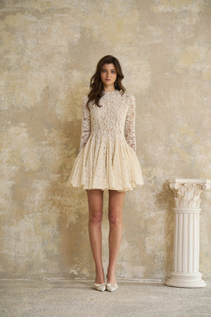 Aurohaya Bronte White Pleated Floral Lace Mini Dress