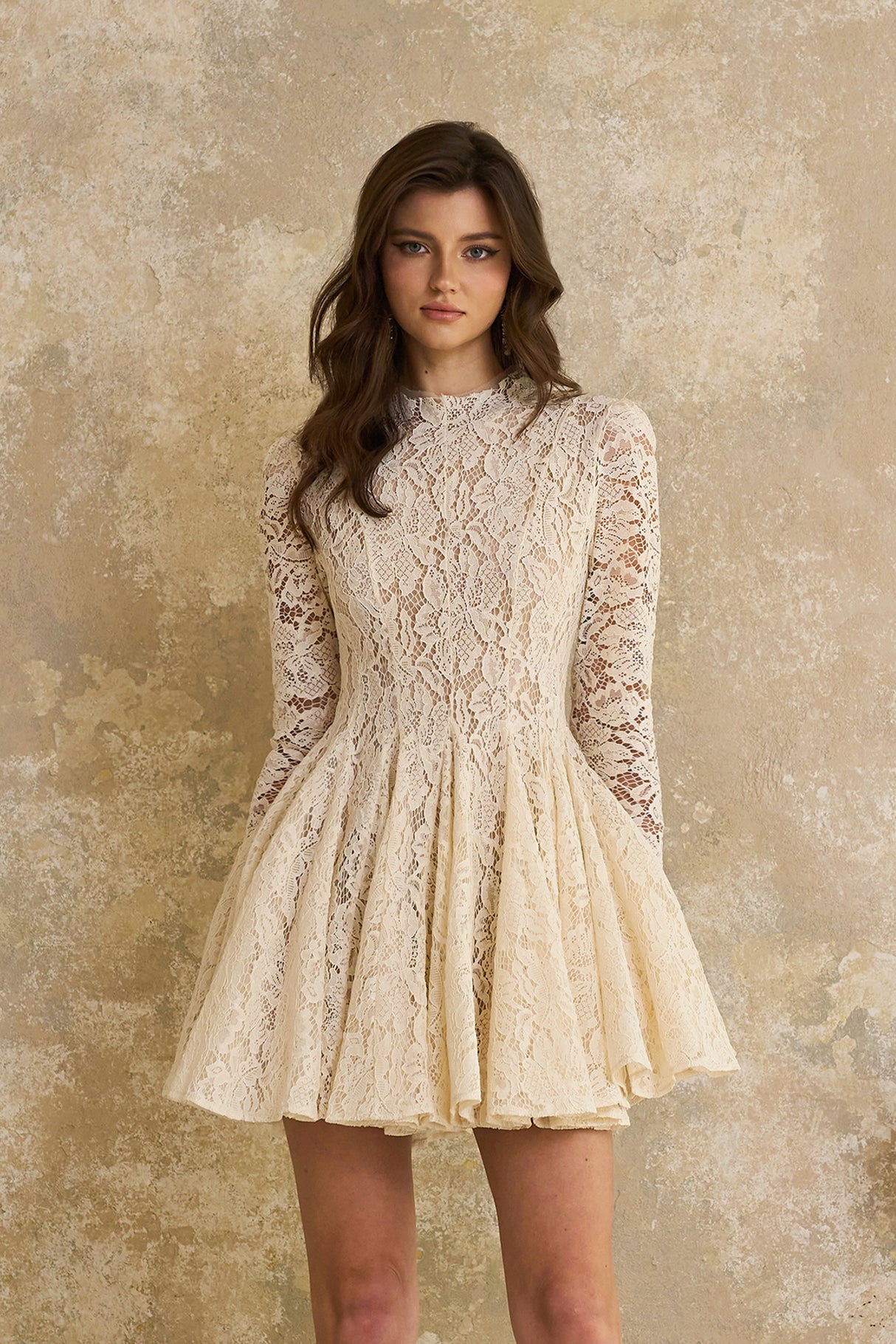 Aurohaya Bronte White Pleated Floral Lace Mini Dress