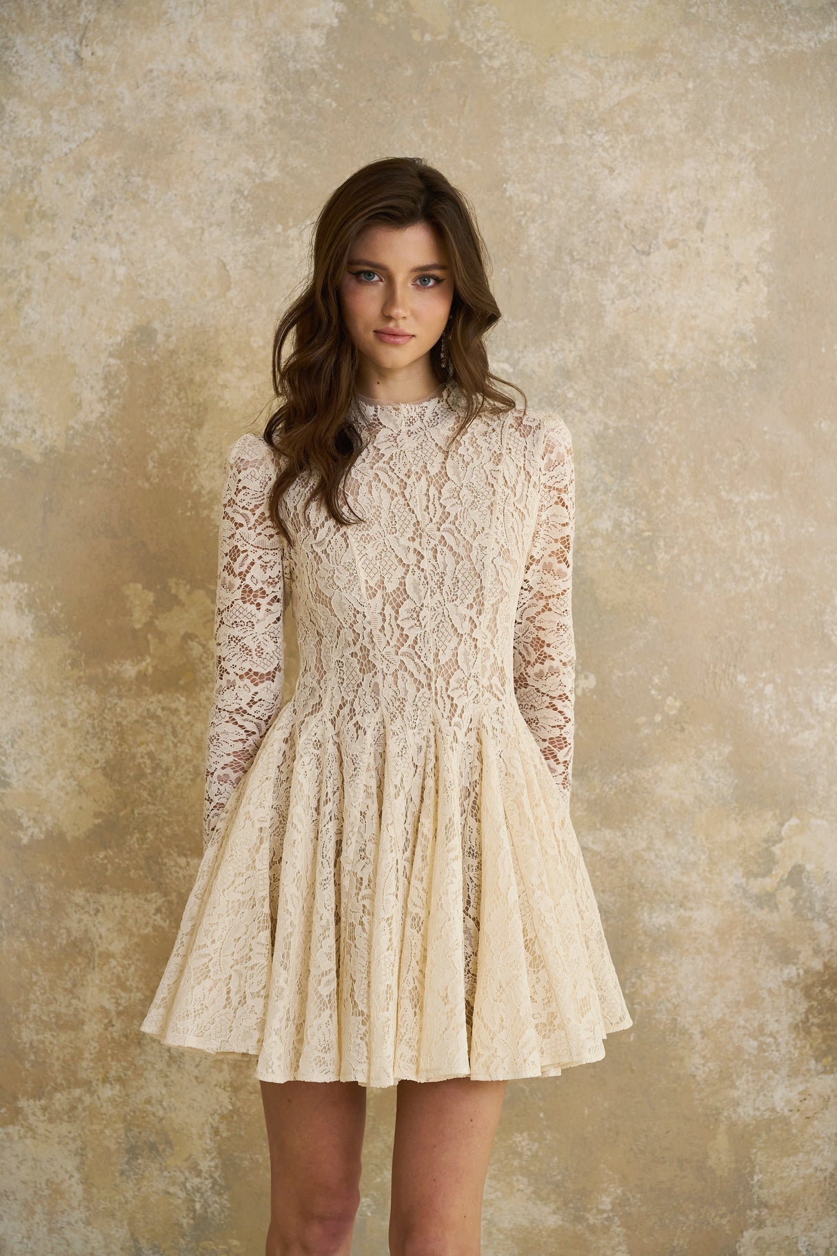 Aurohaya Bronte White Pleated Floral Lace Mini Dress