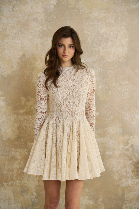 Aurohaya Bronte White Pleated Floral Lace Mini Dress
