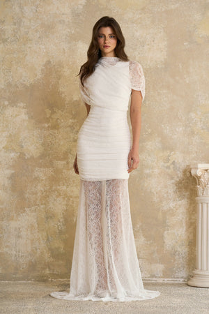 Aurohaya Sylphe White Asymmetrical Ruched Mesh Maxi Dress