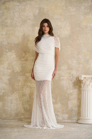 Aurohaya Sylphe White Asymmetrical Ruched Mesh Maxi Dress