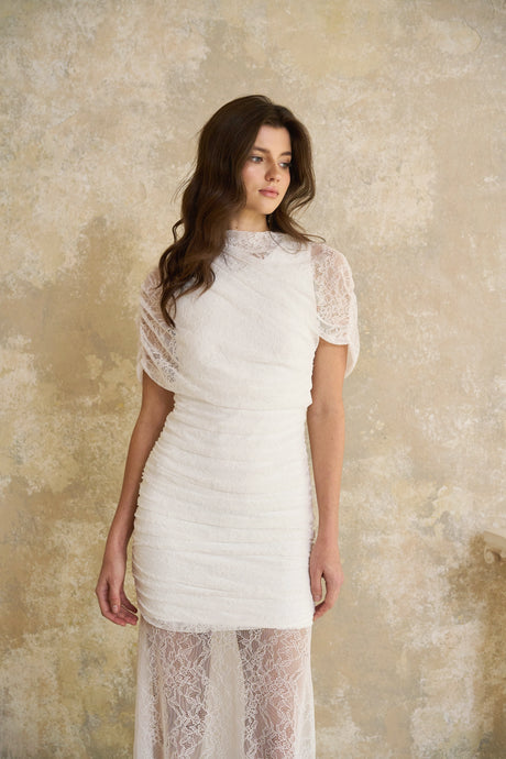 Aurohaya Sylphe White Asymmetrical Ruched Mesh Maxi Dress