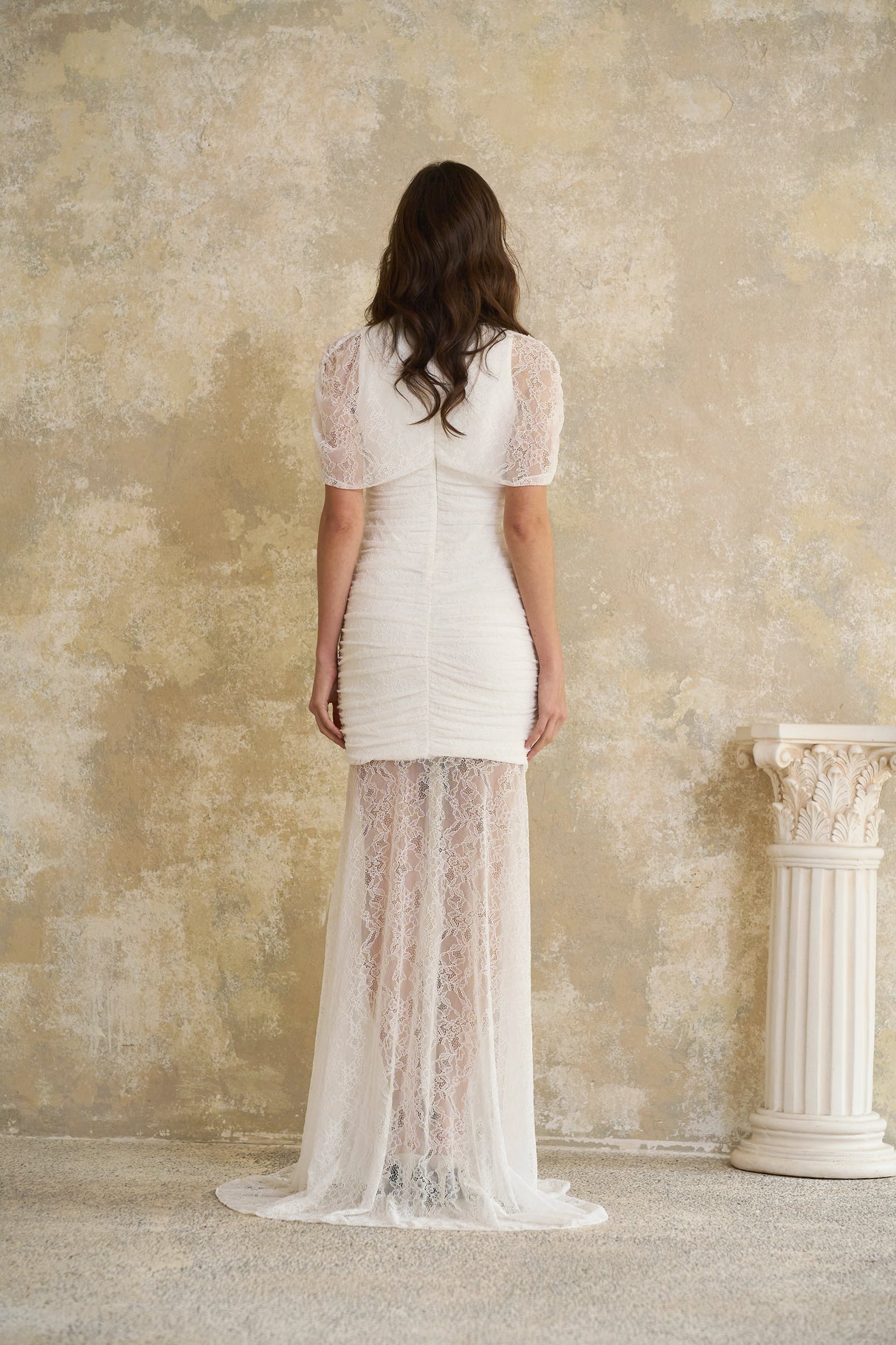 Aurohaya Sylphe White Asymmetrical Ruched Mesh Maxi Dress