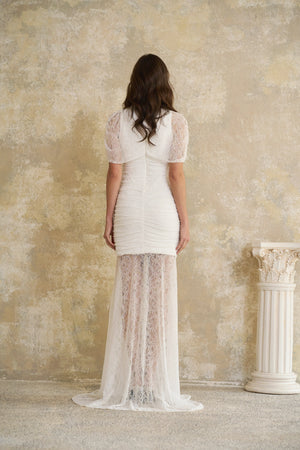 Aurohaya Sylphe White Asymmetrical Ruched Mesh Maxi Dress