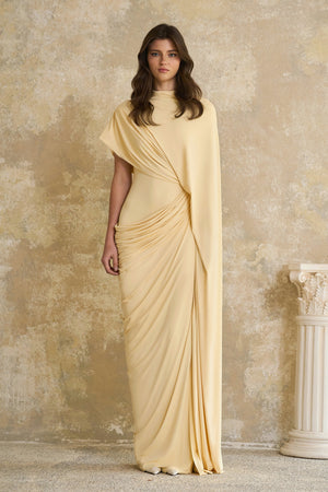 Aurohaya Fenella Yellow Asymmetrical Draped Cape & Dress Matching Set