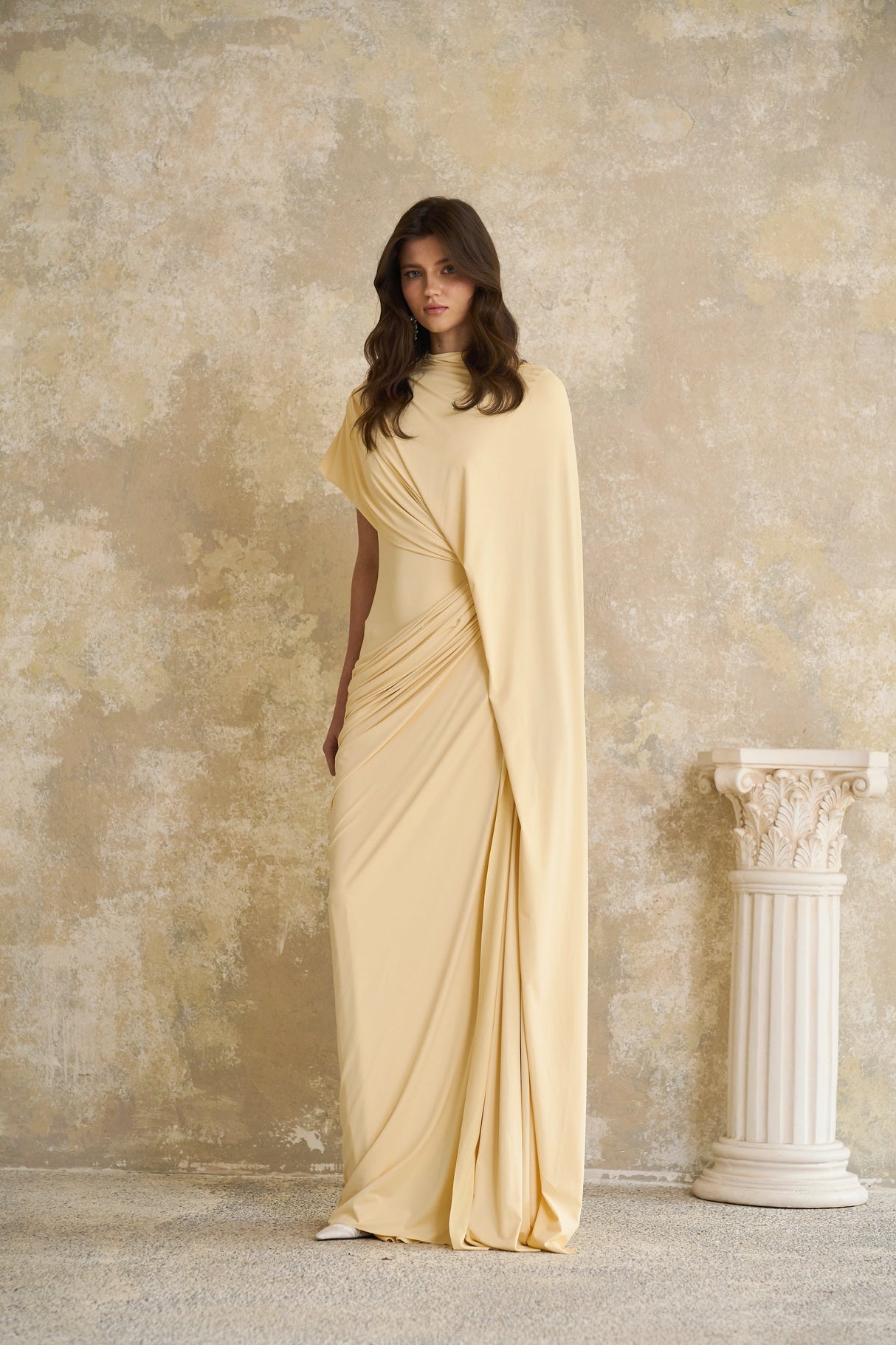 Aurohaya Fenella Yellow Asymmetrical Draped Cape & Dress Matching Set